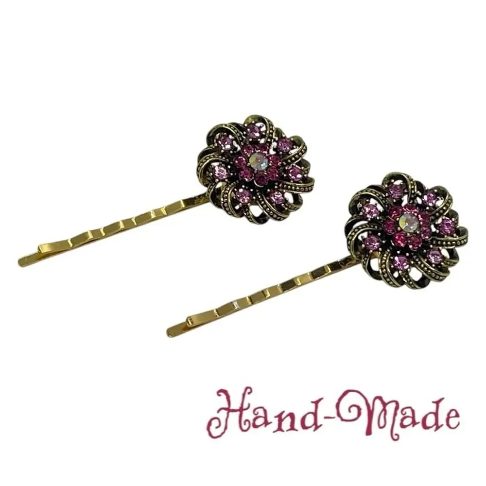 Handmade Pink Rhinestone Gold Set Hair Clips Jewelry NWT